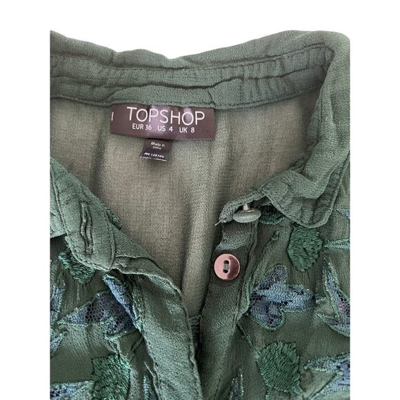 Topshop Green Sheer Blouse Blue Lace Woman Size 4 Sleeveless Button Up - Picture 4 of 8